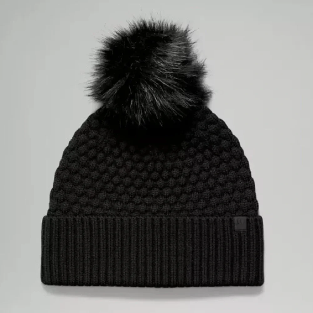 lululemon athletica Black Bubble Knit Textured Pom-Pom Beanie, Merino blend